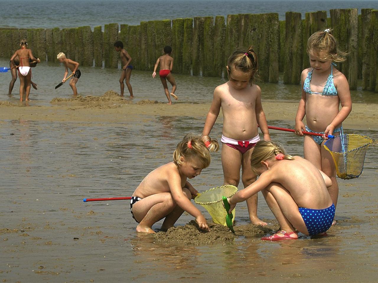 spelende kinderen op het strand